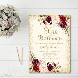 80th Birthday Invitation, Any Age Women Birthday Invitation, Floral Ivory and Gold Women Birthday Invitation, Boho Birthday Invite, BW39-80 image 1