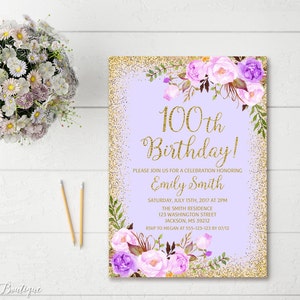 100th Birthday Invitation, Any Age Women Birthday Invitation, Lavender Gold Women Birthday Invitation, Boho Birthday Invite, BW25-100 image 1