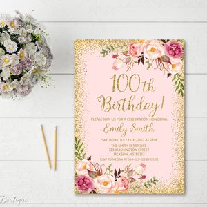 100th Birthday Invitation, Any Age Women Birthday Invitation, Floral Blush Pink and Gold Women Birthday Invitation, Boho Invite, W02