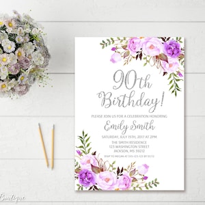 90th Birthday Invitation, Any Age, Purple Birthday Invitation, Floral Purple and Silver Invitation, Boho Birthday Invite, W940-1
