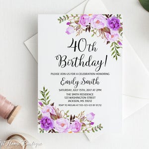 40th Birthday Invitation, Any Age Women Birthday Invitation, Purple Birthday Invitation, #BW101