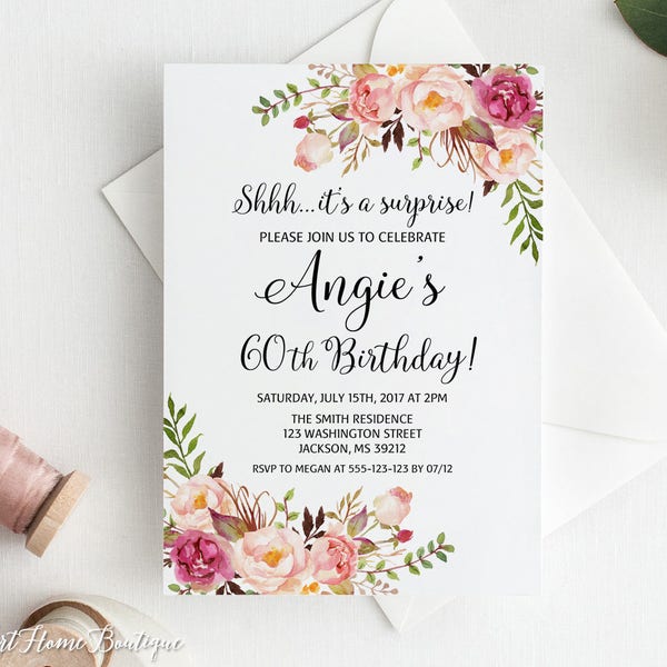 Überraschungs-Einladung 60.Geburtstags-Einladung, Frauen-Geburtstags-Einladung, Printable Geburtstagseinladung, #BW99