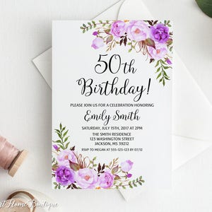 50. Geburtstagseinladung, jedes Alter Frauen Geburtstagseinladung, lila Geburtstagseinladung, #BW101