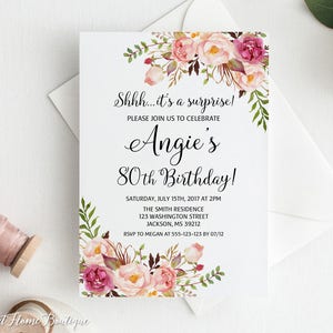 Surprise 80th Birthday Invitation, Any Age Women Birthday Invitation, Digital File, #BW99