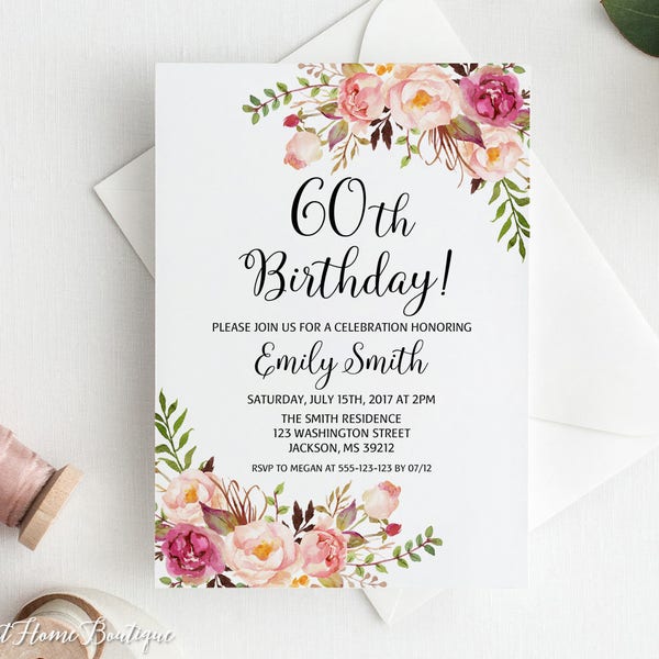 60th Birthday Invitation, Any Age Women Birthday Invitation, Floral Womens Birthday Invitation, Blush Pink Invitation, #BW99