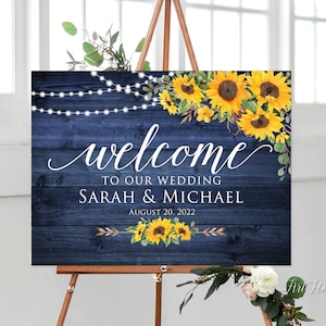 Sunflower Wedding Welcome Sign, Rustic Navy Wedding Welcome Sign, String Lights Wedding Welcome Sign, Digital File, W1129