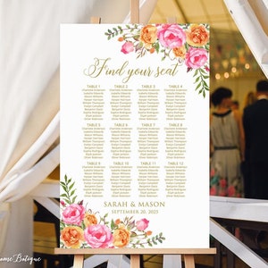 Hot Pink and Orange Seating Chart, Hot Pink Wedding Seating Chart, Find Your Seat, Personalized Table Plan, Digital file, W58-1