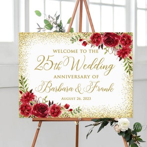 Välkomstskylt för 25-årsjubileum, 25-årsjubileumsdekoration, Guldjubileumsskylt, Utskrivbar välkomstskylt, Röda rosor, Digital fil, W1430-6