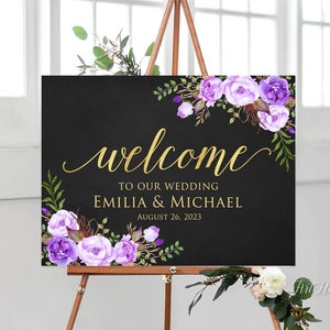 Schwarz Lila Gold Hochzeit Willkommensschild, Kreidetafel Willkommensschild, Willkommen zu unserem Hochzeitsschild, Lila Hochzeitsschild, Digitale Datei, W1444