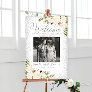 Photo Anniversary Welcome sign, 60th Anniversary Welcome Sign, 60th Wedding Anniversary, Silver Anniversary Sign, White Flowers, W598-2