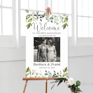 Greenery Anniversary Welcome Sign, Photo Anniversary Welcome sign, 60th Anniversary Welcome Sign, Modern Welcome Sign, Digital File, W1124-4