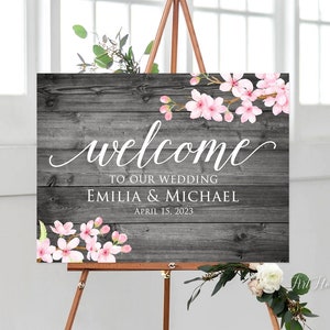 Cherry Blossom Wedding Welcome Sign, Rustic Gray Wedding Welcome Sign, Spring Wedding Welcome Sign, Digital file, W1406