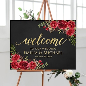 Red Black Gold Wedding Welcome Sign, Chalkboard Welcome Sign, Welcome To Our Wedding Sign, Red Wedding Sign, Digital file, W1474
