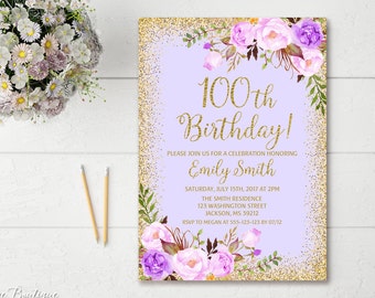 100th Birthday Invitation, Any Age Women Birthday Invitation, Lavender Gold Women Birthday Invitation, Boho Birthday Invite, #BW25-100