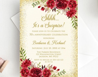 Überraschungseinladung zum 50. Hochzeitstag in Rot und Gold, Einladung zur Goldenen Hochzeit, Digitale Datei, W720-3