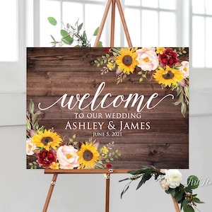 Sunflowers and Roses Wedding Welcome Sign, Rustic Welcome Wedding Sign, Welcome To Our Wedding Sign, Landscape Wedding Sign, W566