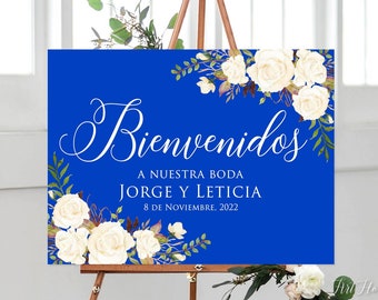 Royal Blue Spanish Wedding Welcome Sign, Royal Blue Bienvenidos a Nuestra Boda, Blue Wedding Welcome Sign, Printable Welcome Sign, W1017-4