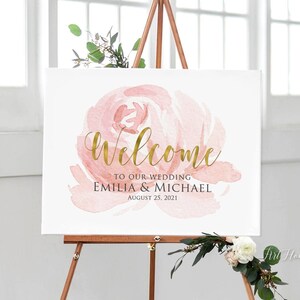 Welcome Wedding Sign, Watercolor Wedding Welcome Sign, Pink and Gold Welcome Sign, Landscape Wedding Sign Template, W899