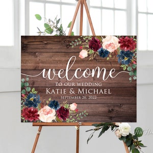 Rustic Welcome Wedding Sign, Welcome To Our Wedding Sign, Burgundy and Navy Wedding, Landscape, Marsala Wedding Sign, Digital file, W417-2