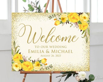 Yellow Wedding Welcome Sign, Ivory Gold Welcome Wedding Sign, Yellow Welcome Sign, Digital file, W715-2