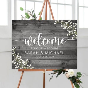 Baby’s Breath Wedding Welcome Sign, Rustic Gray Welcome Wedding Sign, Gypsophila Wedding Welcome Sign, Digital file, W1439