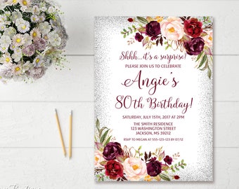 Surprise 80th Birthday Invitation, Any Age Birthday Invitation, Floral Burgundy and Silver Birthday Invitation, Boho Chic, Marsala, #BW91