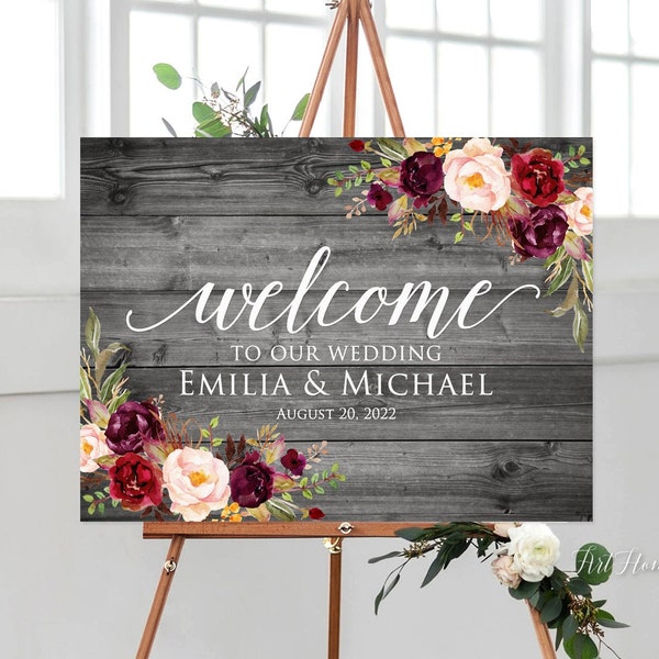 Rustic Gray Wedding Welcome Sign, Welcome To Our Wedding Sign, Landscape Wedding Sign, Burgundy Wedding Sign, Digital file, W765