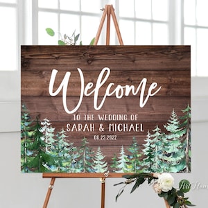 Segno di benvenuto del matrimonio nella foresta, Segno di benvenuto del matrimonio rustico, Segno di benvenuto del matrimonio nella foresta di pini, Segno del matrimonio nel bosco, File digitale, W603