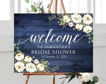 Rustic Navy Bridal Shower Welcome Sign, Blue and White Bridal Shower Welcome Sign, White Flowers, Digital file, W873