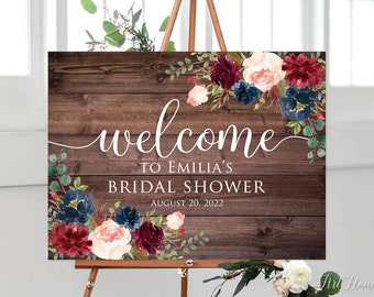 Rustic Welcome Bridal Shower Sign, Burgundy and Navy Bridal Shower Welcome Sign, Large Welcome Sign, Floral Welcome Sign, Digital file, W417