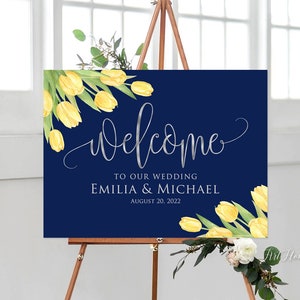 Signo de bienvenida de boda de tulipanes amarillos, signo de bienvenida de boda de primavera, signo de bienvenida de boda de la marina, archivo digital, W1299
