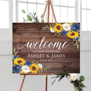 Sunflower Wedding Welcome Sign, Rustic Welcome Wedding Sign, Yellow Blue Wedding Welcome Sign, Digital file, W1194