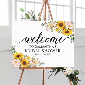 Sunflowers and Blush Roses Bridal Shower Welcome Sign, Sunflower Bridal Shower Welcome Sign, Landscape, W1296-1
