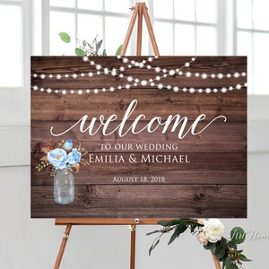 Rustic Welcome Wedding Sign, Welcome To Our Wedding Sign, Landscape Wedding Sign, String Lights Welcome Sign, Blue Flowers, Mason Jar, W835