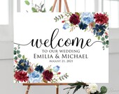Welcome Wedding Sign, Welcome To Our Wedding Sign, Burgundy and Navy Wedding, Horizontal, Landscape, Blue and Burgundy Wedding Sign, W972