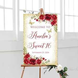 Red and Gold Sweet 16 Welcome Sign, Butterfly Birthday, Red Sweet Sixteen Birthday Sign, Red Birthday Welcome, Digital File, W1536-1