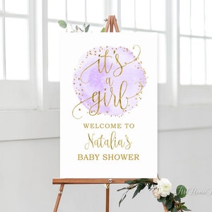 It&#39;s a Girl Welcome Sign, Baby Shower Welcome Sign, Purple and Gold Welcome Baby Shower Sign, Watercolor Welcome Baby Shower Sign, W1457