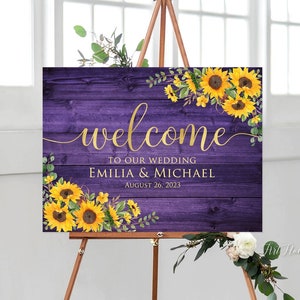 Purple Wedding Welcome Sign, Welcome To Our Wedding Sign, Sunflower Wedding Welcome Sign, Digital file, W1404