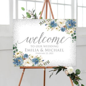 Dusty Blue Wedding Welcome Sign, Welcome To Our Wedding Sign, Blue and Silver Wedding Welcome Sign, Landscape, Digital file, W905