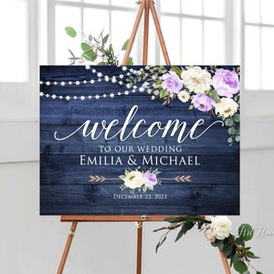 Rustic Navy Wedding Welcome Sign, Lavender Wedding Welcome Sign, Purple and White Flowers, Purple Wedding Sign, String Light Wedding, W1262