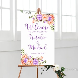 Lilac and Peach Wedding Welcome Sign, Purple Coral Wedding Welcome Sign, Welcome To Our Wedding Sign, Digital File, W1550