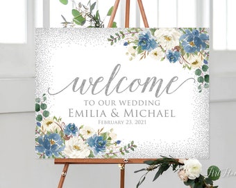 Dusty Blue Wedding Welcome Sign, Welcome To Our Wedding Sign, Blue and Silver Wedding Welcome Sign, Landscape, Digital file, W905