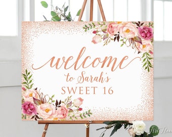 Rose Gold Sweet 16 Birthday Welcome Sign, Blush Pink Birthday Welcome Sign, Rose Gold Birthday, Welcome to Sweet Sixteen, Digital file, W717