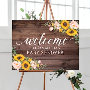 Sunflowers and Blush Roses Baby Shower Welcome Sign, Rustic Baby Shower Welcome Sign, Landscape, W900