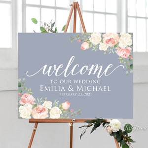 Dusty Blue Wedding Welcome Sign, Welcome To Our Wedding Sign, Landscape, W961