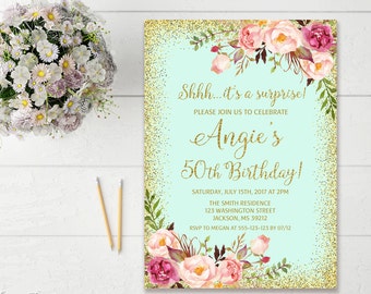 Surprise 50th Birthday Invitation, Any Age Women Birthday Invitation, Floral Mint Birthday Invitation, Boho Women Birthday Invite, #BW01-S