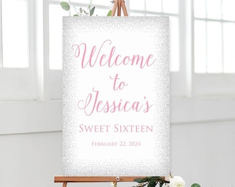 Sweet Sixteen Welcome Sign, Sweet 16 Birthday Welcome Sign, Silver and Pink Welcome Sign, W838