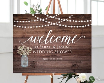 Rustic Wedding Shower Welcome Sign, Baby’s Breath Wedding Shower Welcome Sign, Landscape Sign, String Lights, Mason Jar, W333