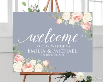 Plaque de bienvenue pour mariage bleu poussiéreux, Bienvenue dans notre mariage, paysage, W961