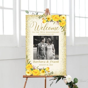 Signo de bienvenida del 50 aniversario, decoración del 50 aniversario, signo de bienvenida del aniversario de la foto, signo de bienvenida imprimible, rosas amarillas, W715-2